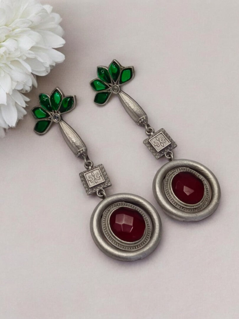 RUBY AND GREEN GITABANI GERMAN SILVER EARRINGS