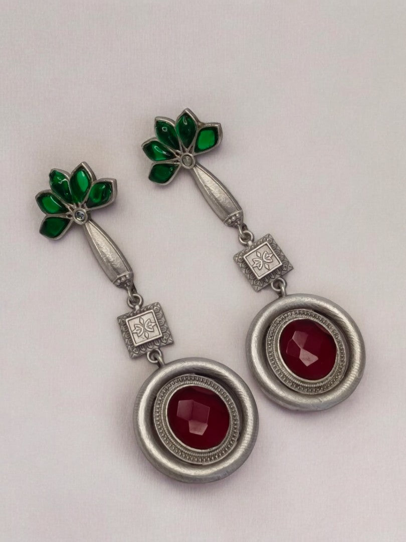 RUBY AND GREEN GITABANI GERMAN SILVER EARRINGS
