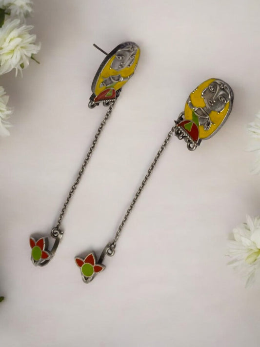 YELLOW WARLI SHRISHA GERMAN SILVER EARRINGS