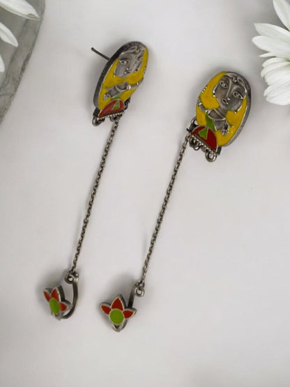 YELLOW WARLI SHRISHA GERMAN SILVER EARRINGS
