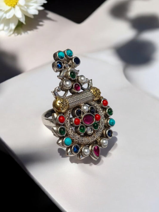 MULTI STONE BINI GERMAN SILVER RING