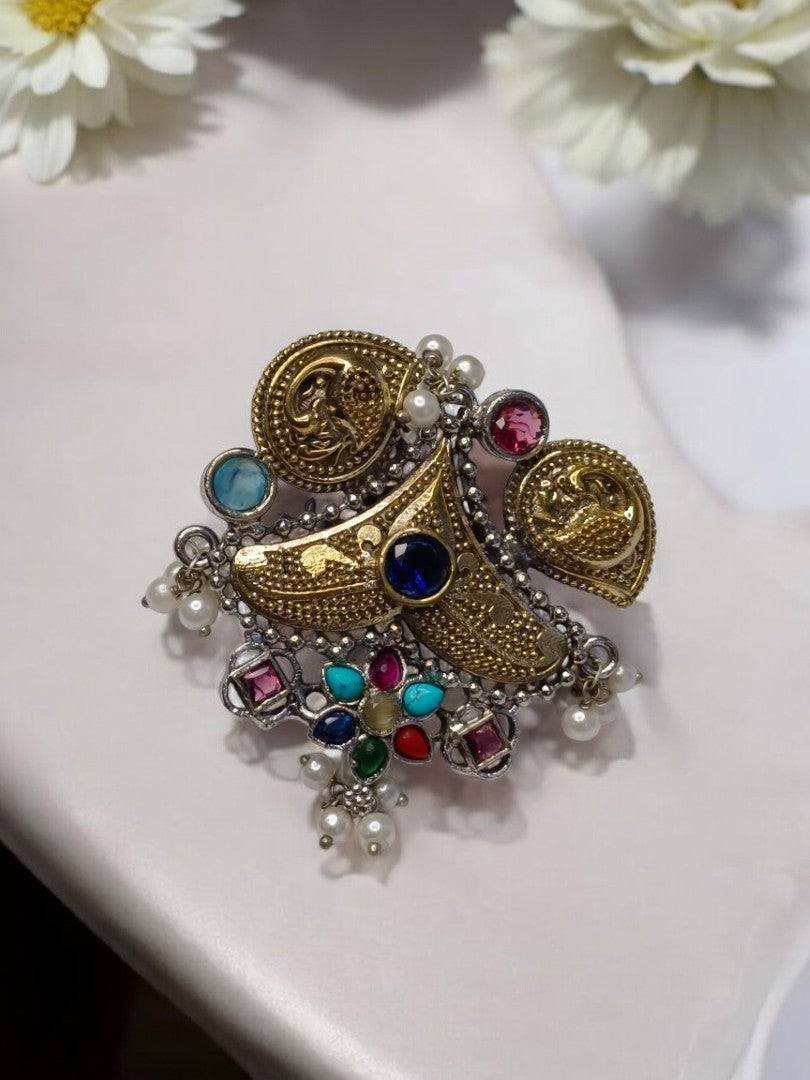 GOLDEN PEACOCK VARTHI GERMAN SILVER RING