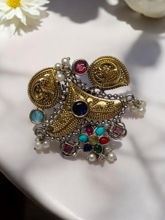 GOLDEN PEACOCK VARTHI GERMAN SILVER RING