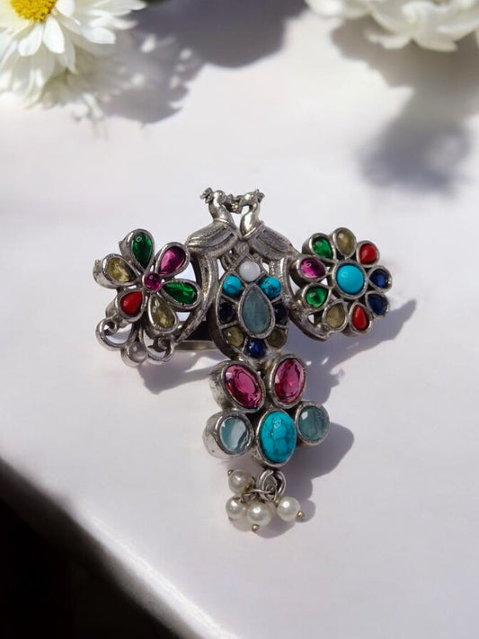 MULTI STONE PEACOCK LASA GERMAN SILVER RING