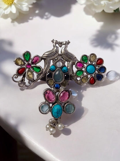 MULTI STONE PEACOCK LASA GERMAN SILVER RING