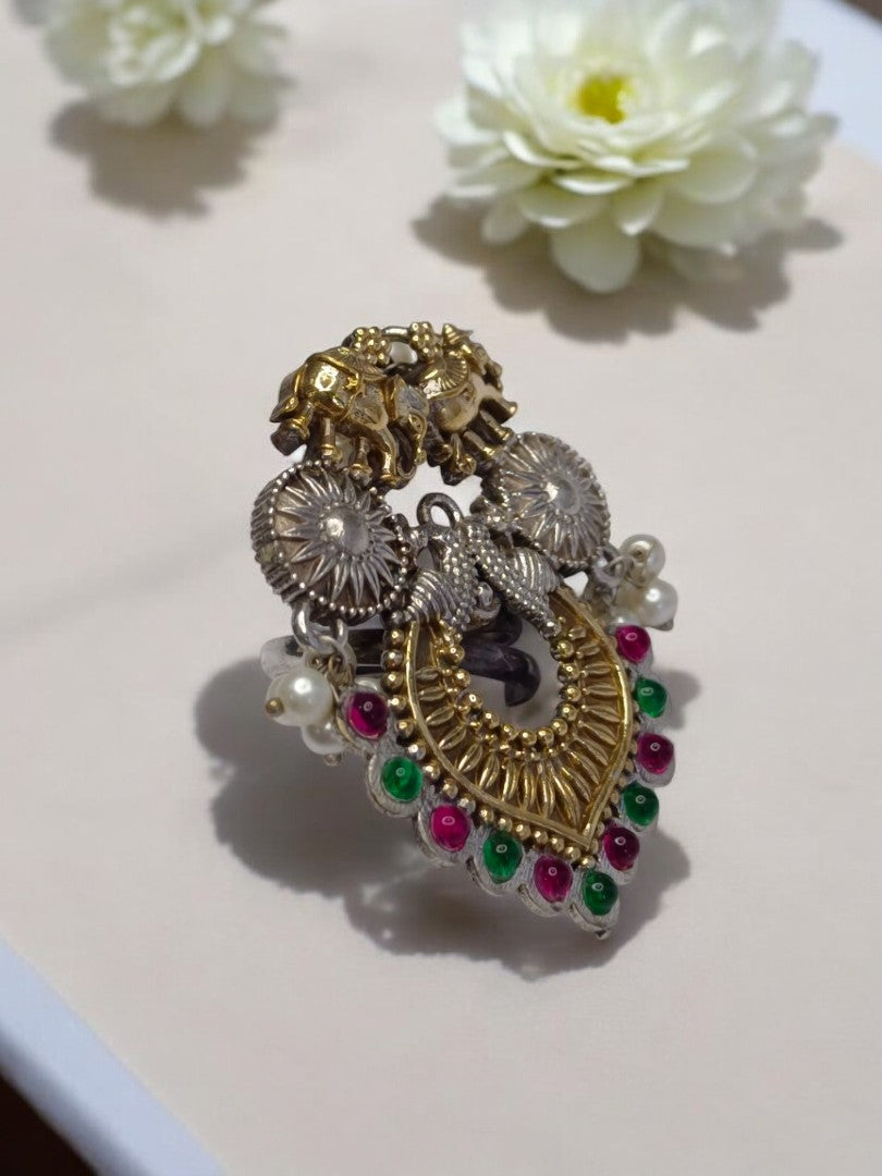 ELEPHANT PEACOCK VANI GERMAN SILVER RING