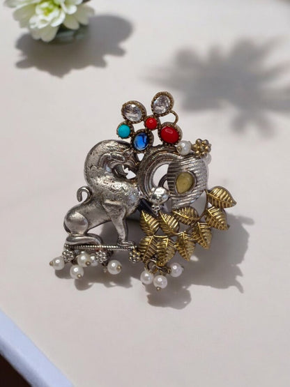 LION PEACOCK YAMU GERMAN SILVER RING
