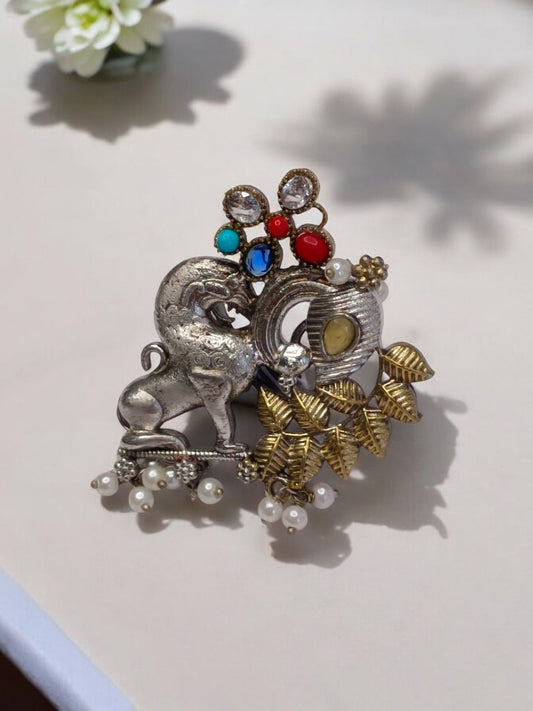LION PEACOCK YAMU GERMAN SILVER RING