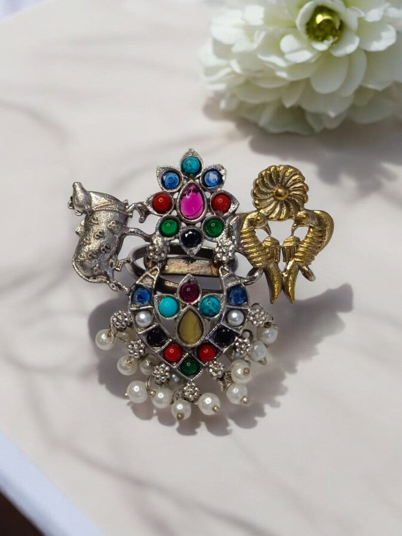 COW AND BIRDS INDEY GERMAN SILVER RING
