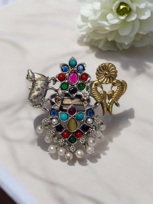 COW AND BIRDS INDEY GERMAN SILVER RING