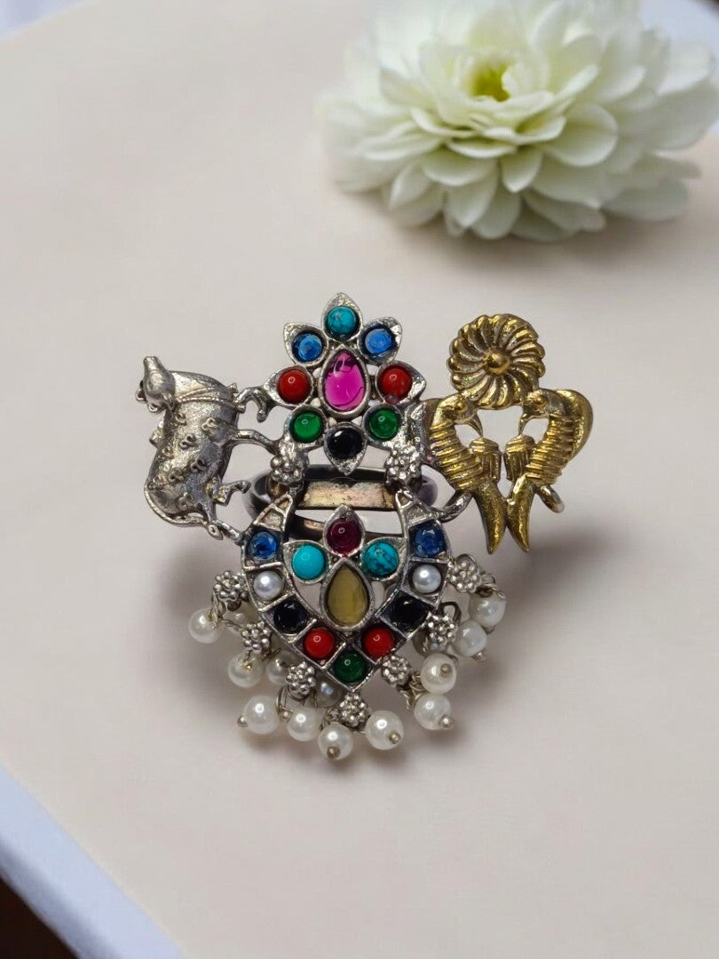 COW AND BIRDS INDEY GERMAN SILVER RING
