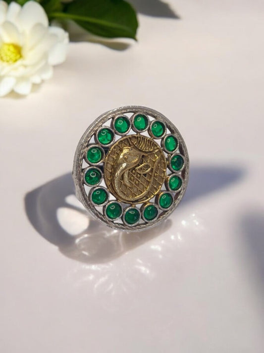 GREEN ROUND ANYA GERMAN SILVER RING