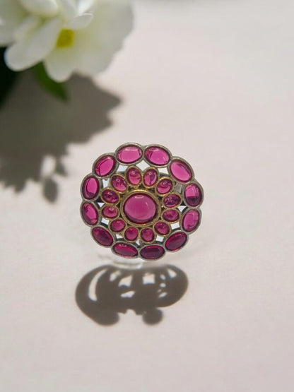 PINK ROUND NIKA GERMAN SILVER RING