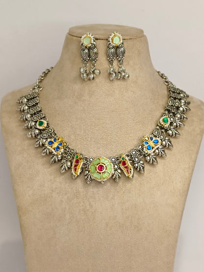 LIGHT GREEN NAKSHIKHA GERMAN SILVER JEWELLERY SET