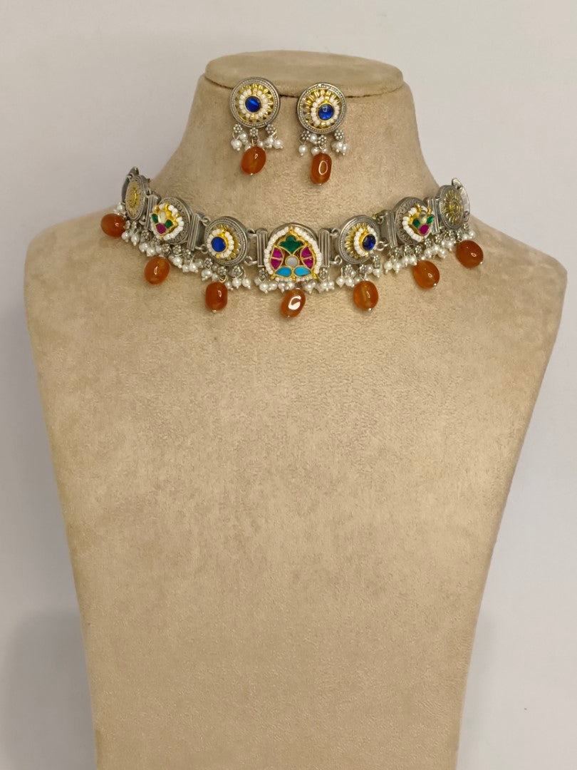 ORANGE SUNITHA GERMAN SILVER JEWELLERY SET