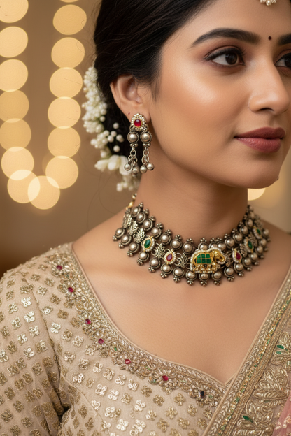 GREEN BHANULATA GERMAN SILVER JEWELLERY SET