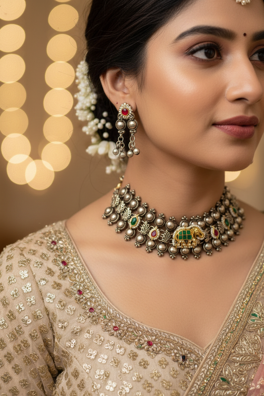 GREEN BHANULATA GERMAN SILVER JEWELLERY SET