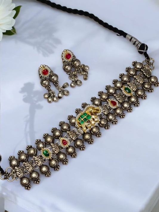GREEN BHANULATA GERMAN SILVER JEWELLERY SET