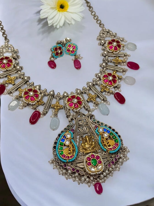 PINK AADHINA GERMAN SILVER JEWELLERY SET