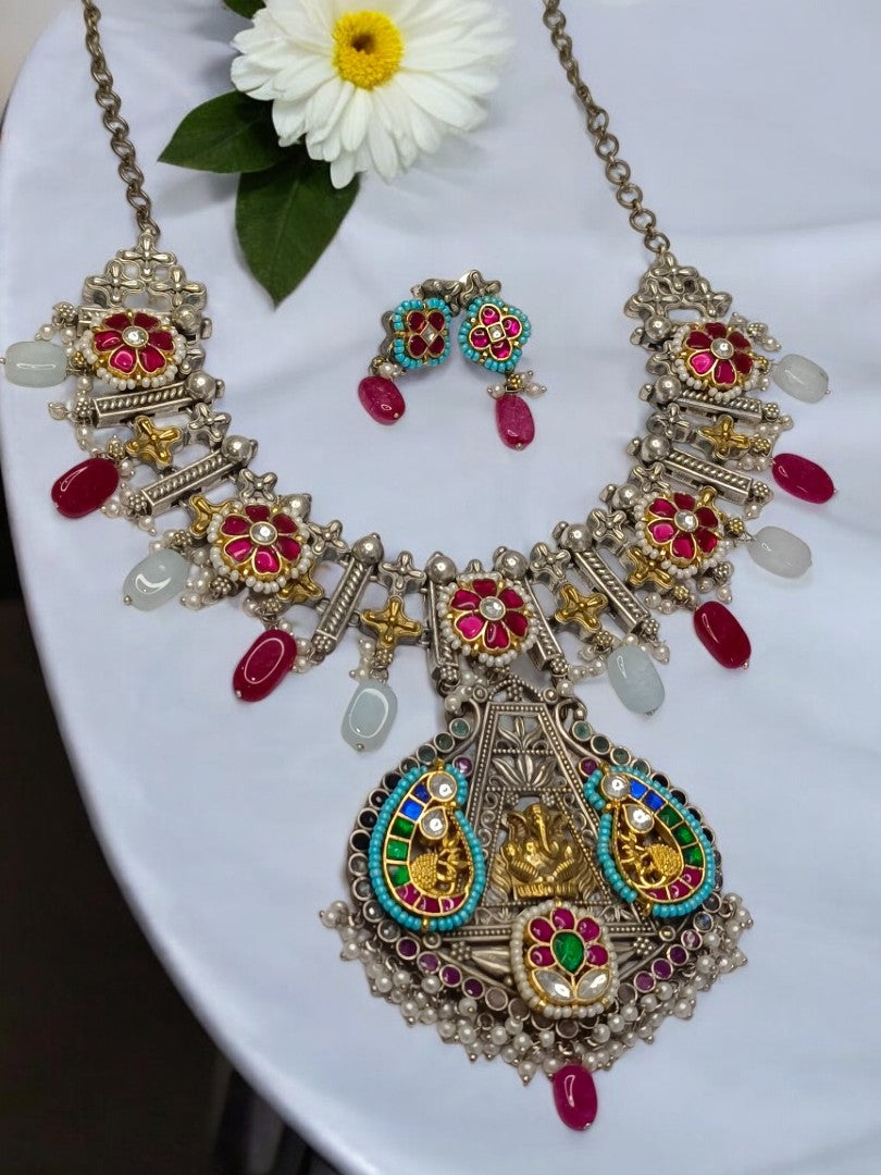 PINK AADHINA GERMAN SILVER JEWELLERY SET