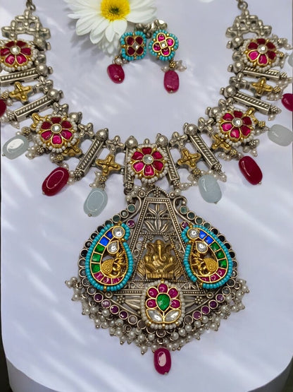PINK AADHINA GERMAN SILVER JEWELLERY SET