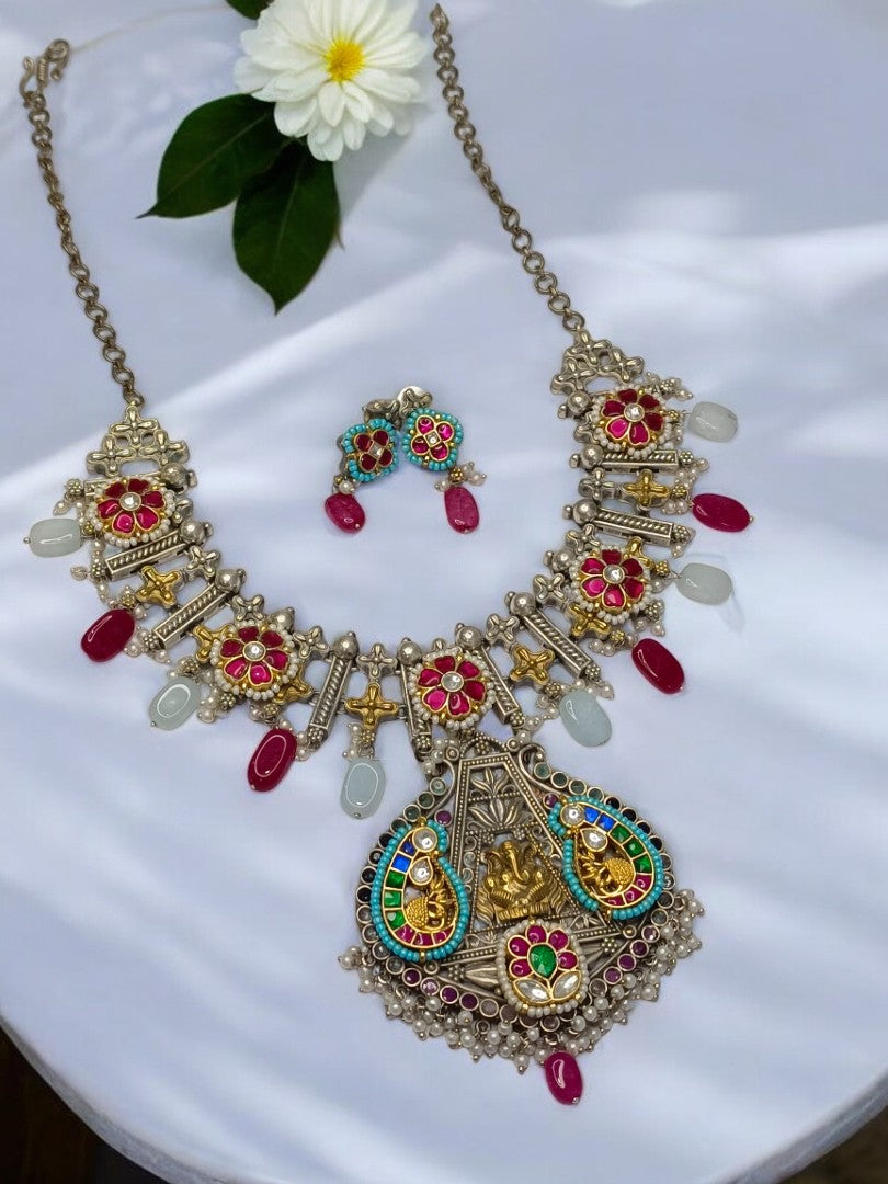 PINK AADHINA GERMAN SILVER JEWELLERY SET