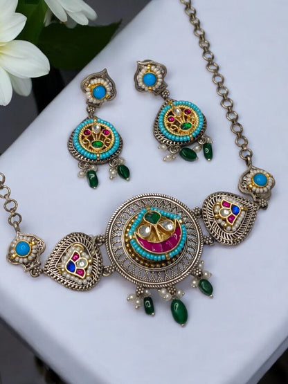 SKY BLUE AANANDITA GERMAN SILVER JEWELLERY SET