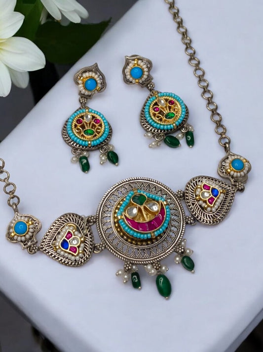 SKY BLUE AANANDITA GERMAN SILVER JEWELLERY SET