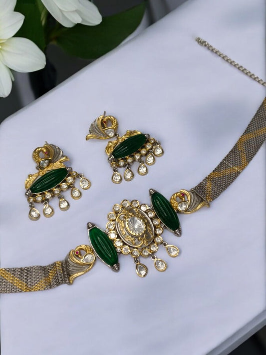 GREEN HARVINI GERMAN SILVER JEWELLERY SET