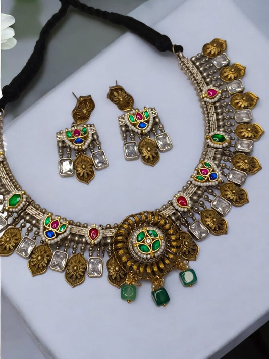 GREEN PUSHTI GERMAN SILVER JEWELLERY SET