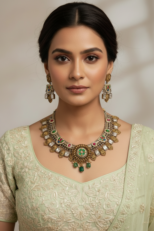 GREEN PUSHTI GERMAN SILVER JEWELLERY SET