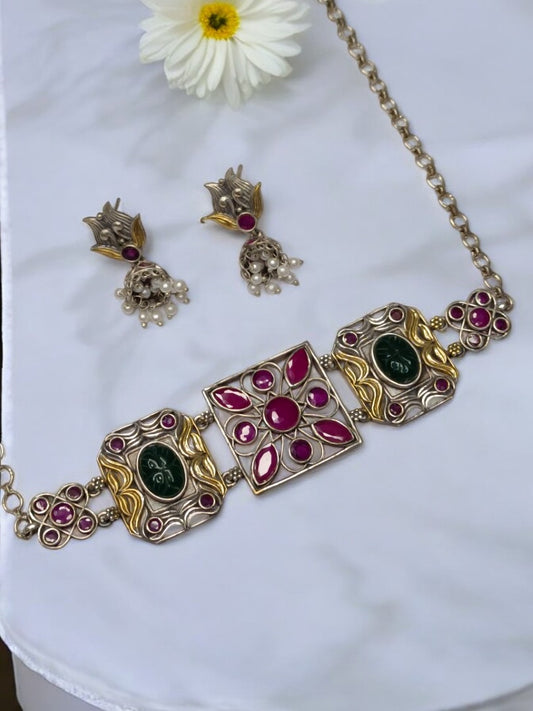 PINK KAMALI GERMAN SILVER JEWELLERY SET