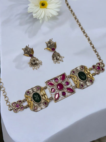 PINK KAMALI GERMAN SILVER JEWELLERY SET