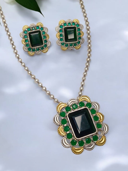 GREEN VYOMINI GERMAN SILVER JEWELLERY SET