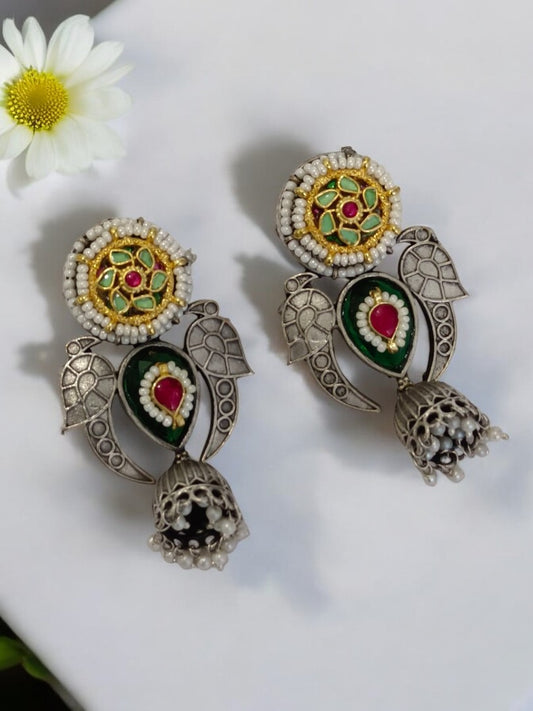 GREEN DAIVEEKA GERMAN SILVER EARRINGS