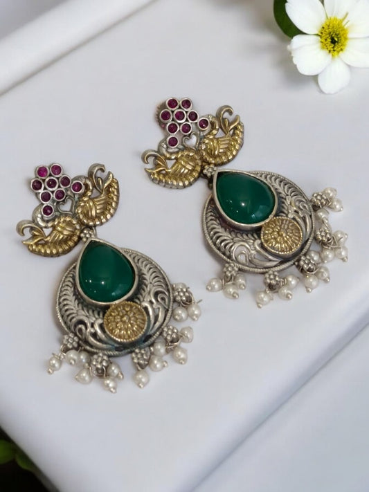 GREEN DROP VAYAVYINI GERMAN SILVER EARRINGS