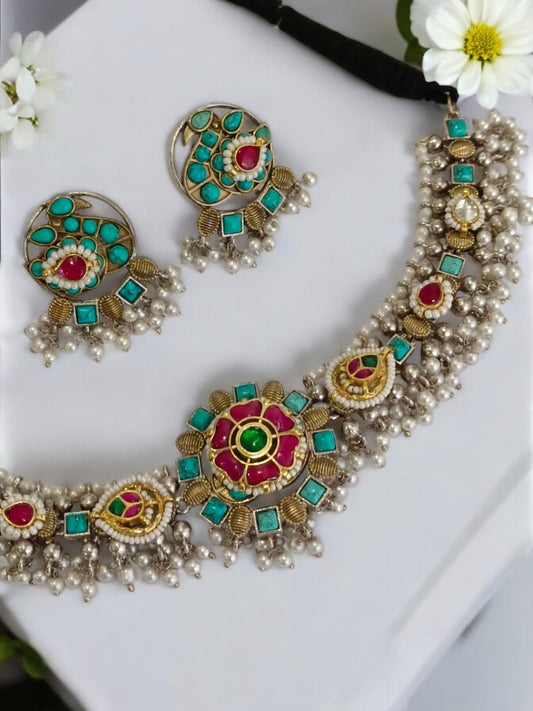 SKY BLUE BHAMINI GERMAN SILVER JEWELLERY SET