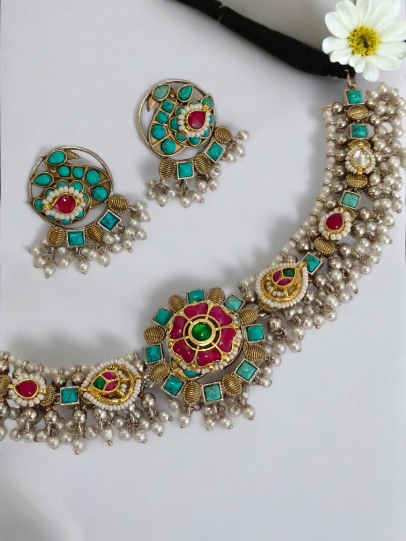 SKY BLUE BHAMINI GERMAN SILVER JEWELLERY SET