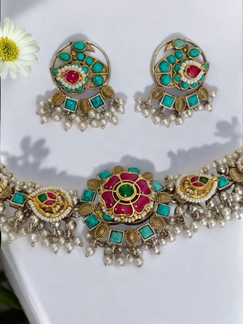 SKY BLUE BHAMINI GERMAN SILVER JEWELLERY SET