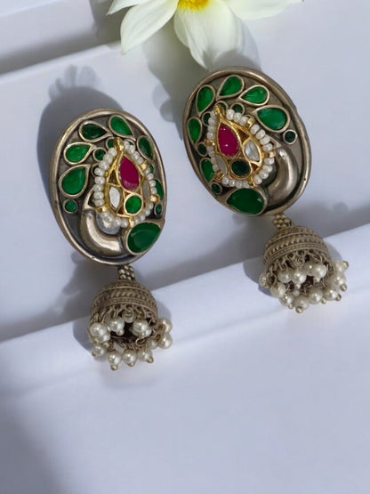 GREEN BRAMHANI GERMAN SILVER EARRINGS