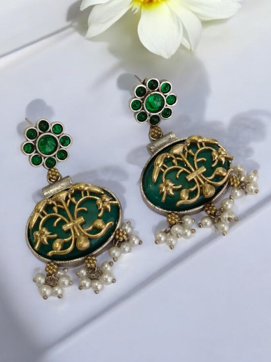 GREEN RUDHRI GERMAN SILVER EARRINGS