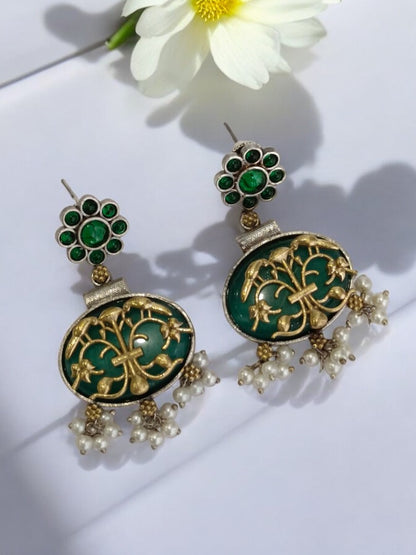 GREEN RUDHRI GERMAN SILVER EARRINGS