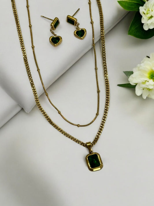 GREEN LAYER NECKLACE AND EARRINGS