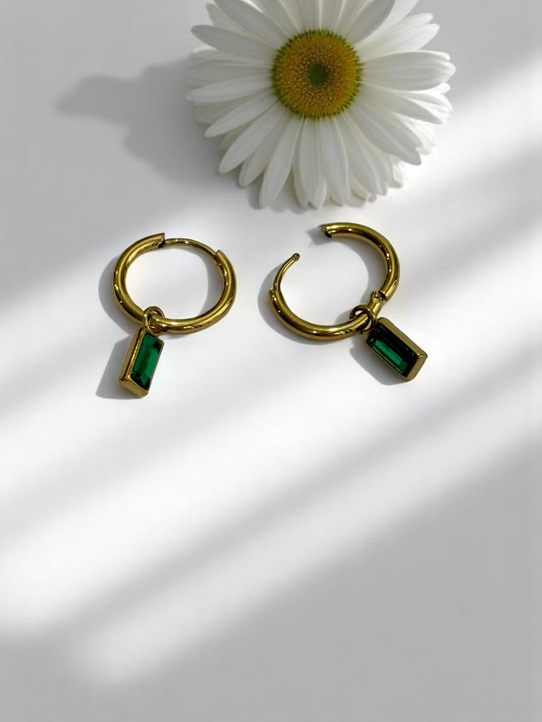 GREEN RECTANGULAR HANGING DIAMOND OWEN EARRINGS