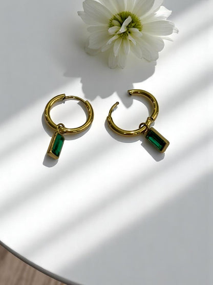 GREEN RECTANGULAR HANGING DIAMOND OWEN EARRINGS