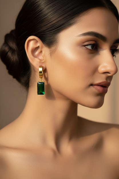 GREEN RECTANGULAR HANGING DIAMOND OWEN EARRINGS