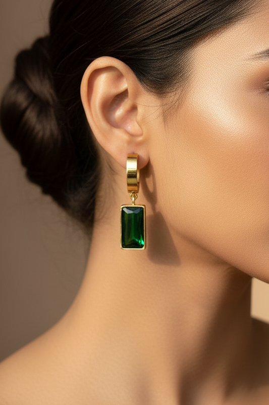 GREEN RECTANGULAR HANGING DIAMOND OWEN EARRINGS