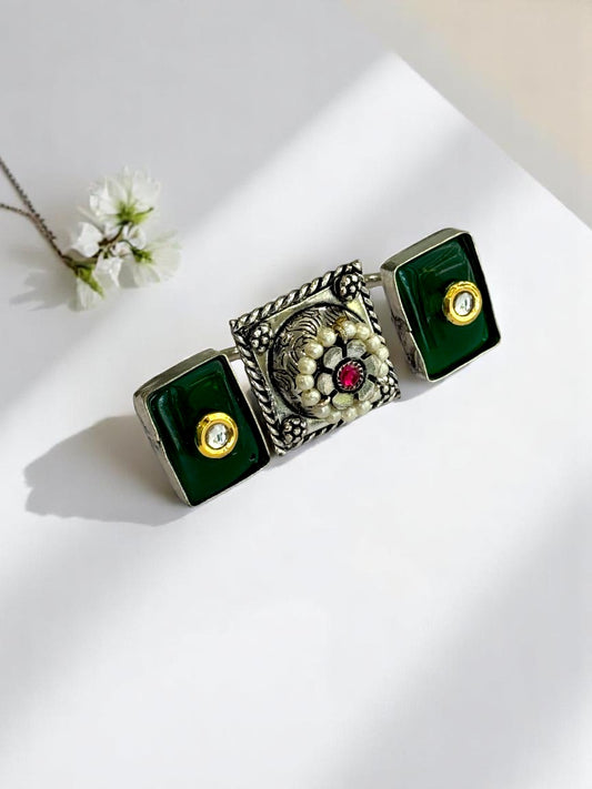 GREEN BHUVI BOXED TWO FINGER GERMAN SILVER RING