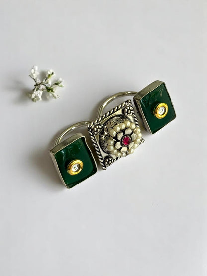 GREEN BHUVI BOXED TWO FINGER GERMAN SILVER RING