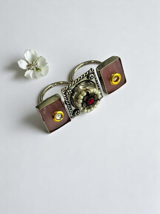 PINK BHUVI BOXED TWO FINGER GERMAN SILVER RING